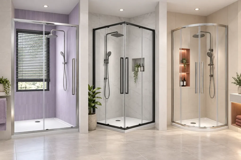 Straight, corner and curved sliding shower screen configurations in silver and black frames