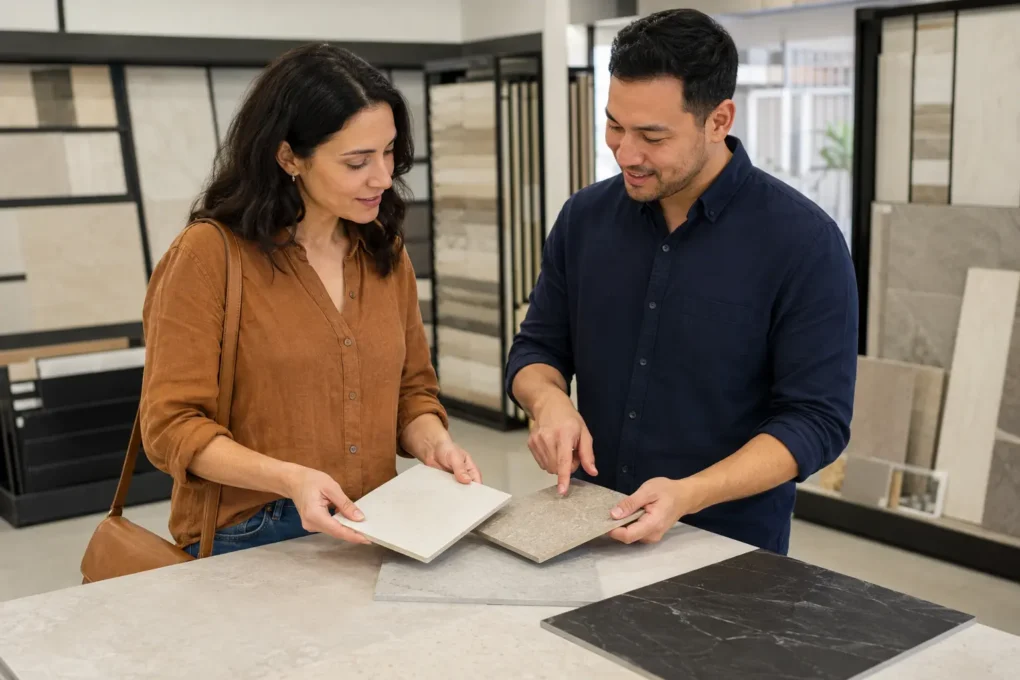 Customer comparing porcelain and ceramic tile samples at Ross' Guildford showroom