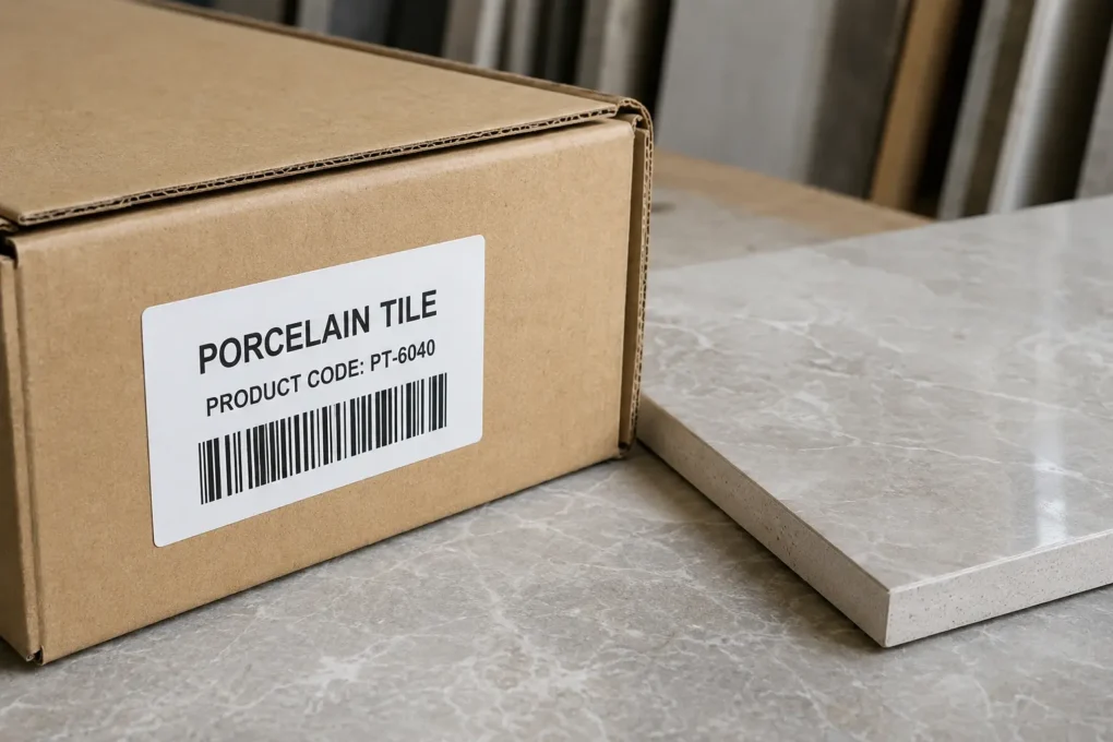 Tile carton label and product code used to identify porcelain or ceramic tiles