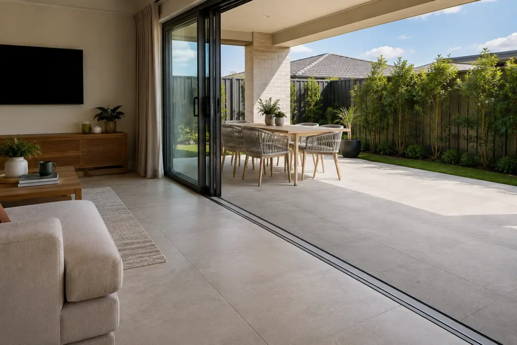 Indoor and outdoor porcelain tile finishes selected for a Perth alfresco area