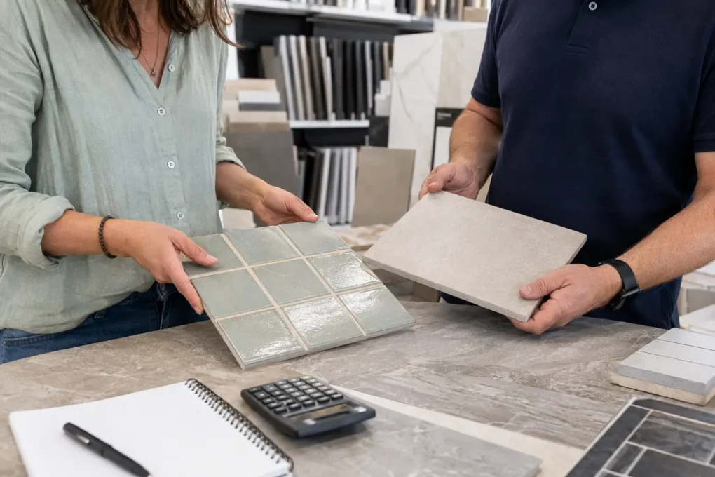Ceramic and porcelain tile samples compared by finish and project cost

