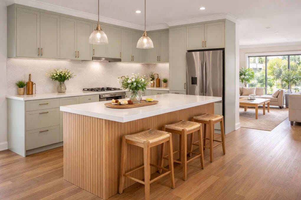 Contemporary Perth kitchen featuring fluted cabinetry, bronze hardware and timber island bench