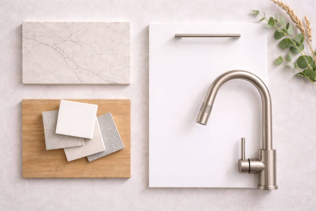 Kitchen material samples including stone benchtop swatch, timber cabinet door and bronze tapware