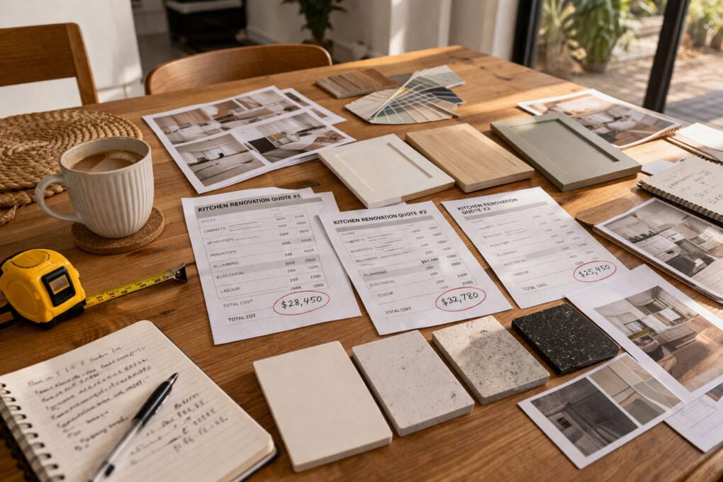 Kitchen renovation budget planning with cabinet samples and benchtop swatches on a table