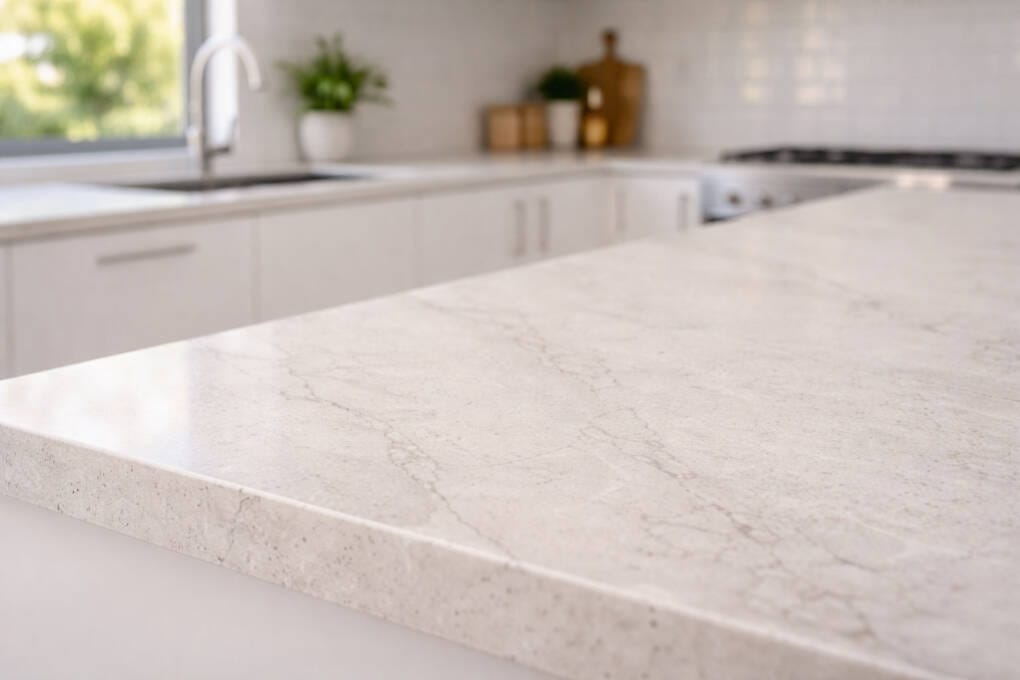 Close-up of porcelain sintered stone kitchen benchtop in a Perth home
