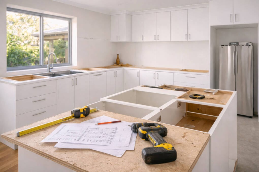 Kitchen renovation in progress in a Perth home with cabinets being installed