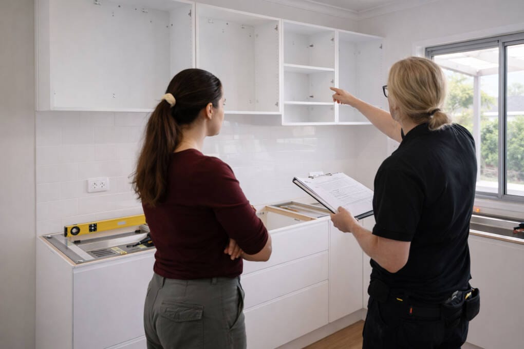 Homeowner and kitchen installer discussing cabinetry during a Perth kitchen renovation