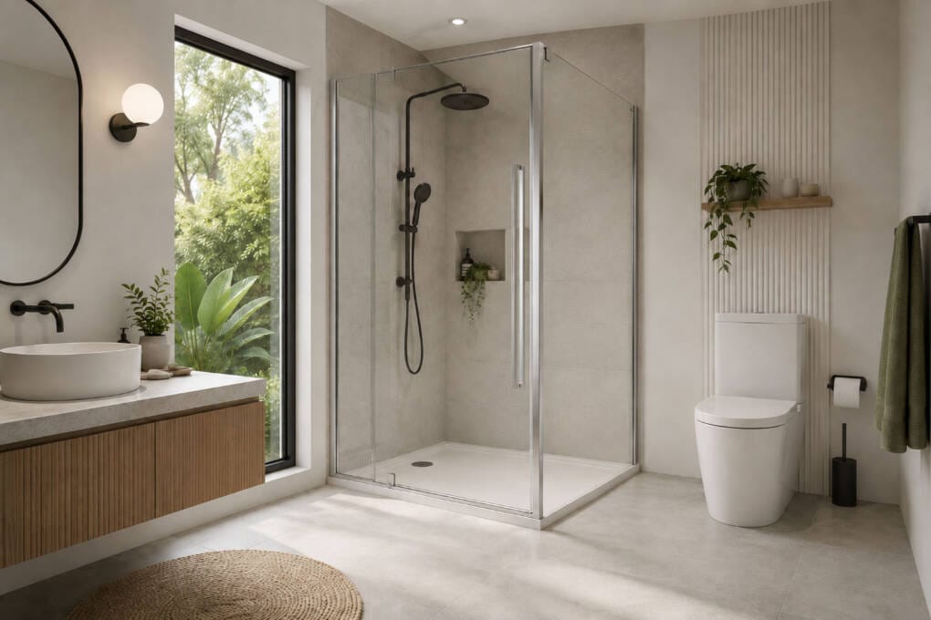 semi-frameless shower screen with pivot door configuration