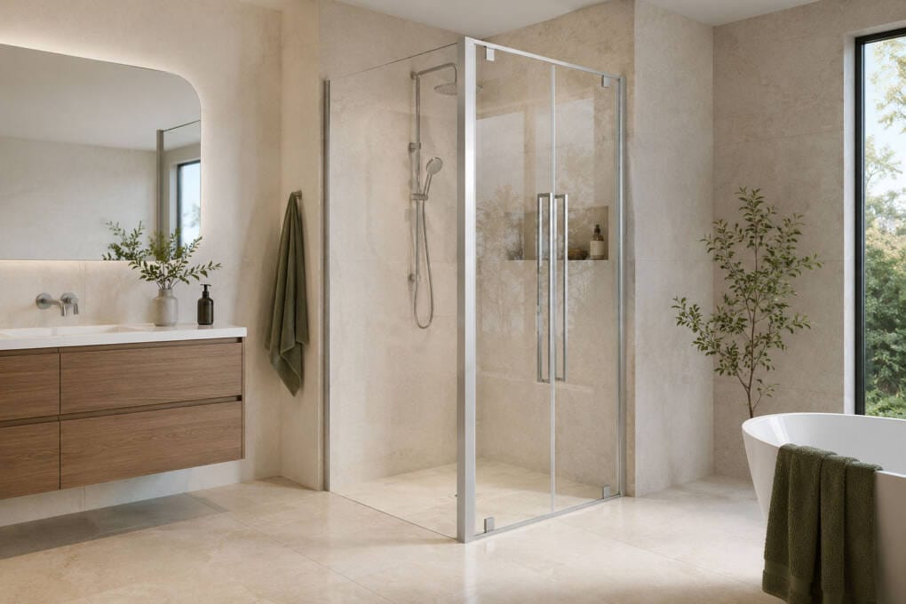Semi-Frameless Shower Screen with Double Pivot Doors