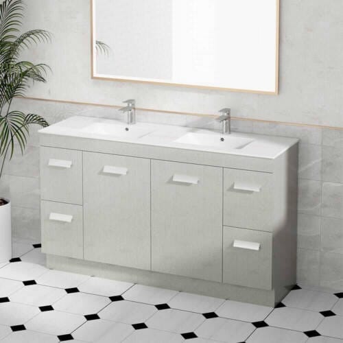 Freestanding double bathroom vanity with integrated basins and practical cupboard and drawer storage