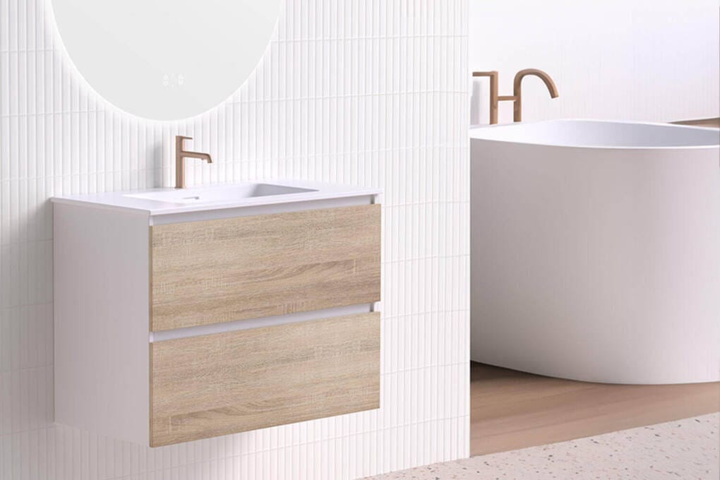 Wall-hung timber-look bathroom vanity exposing more floor space in a compact bathroom