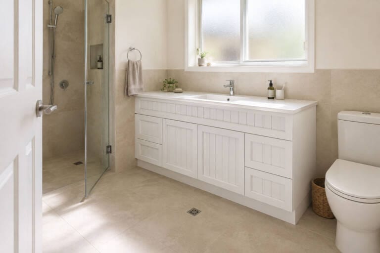 Wall-to-wall bathroom vanity with clear floor space and practical door and shower clearances