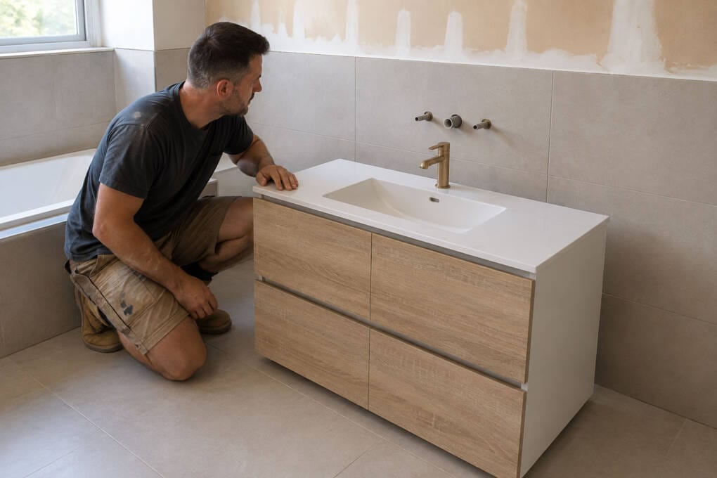Bathroom vanity positioned before installation with water and waste points checked against the cabinet