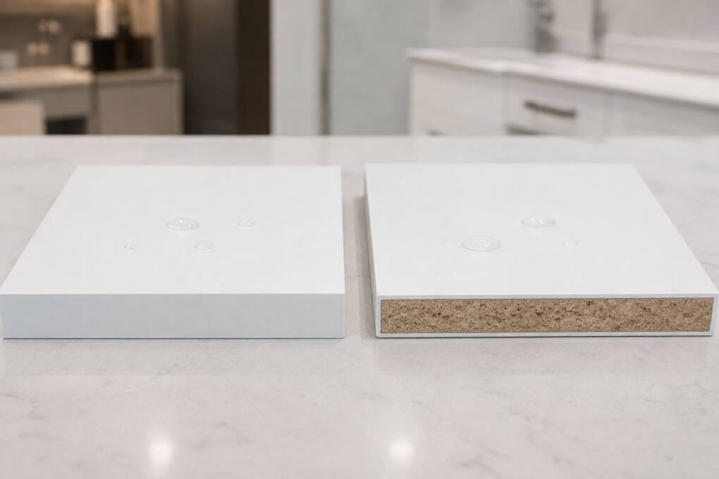 PVC and HMR bathroom vanity cabinet materials showing different sealed board edges