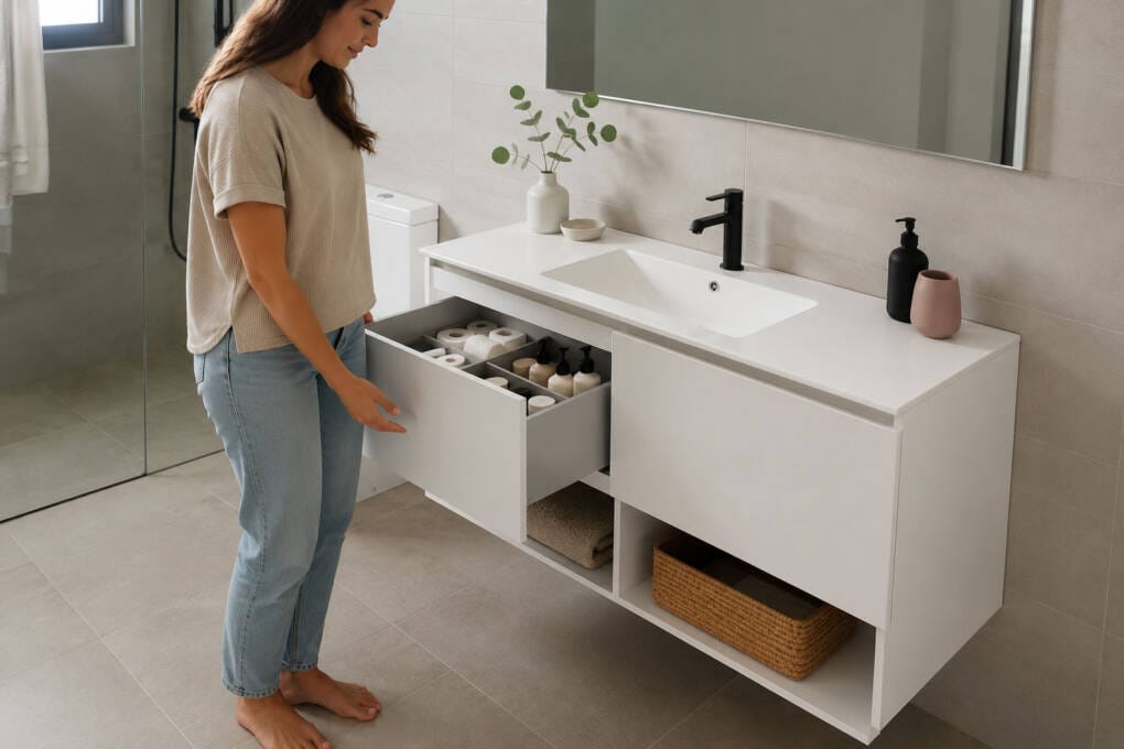 Open bathroom vanity drawer showing organised storage for toiletries and everyday bathroom items