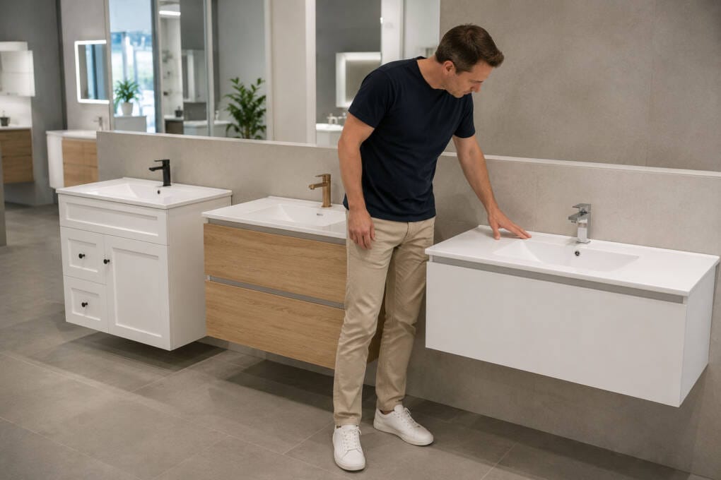 Customer comparing bathroom vanity tops, integrated basins and tap-hole positions in a showroom