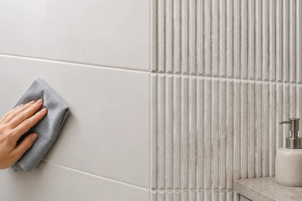 Smooth bathroom wall tiles compared with textured tiles that require more detailed cleaning