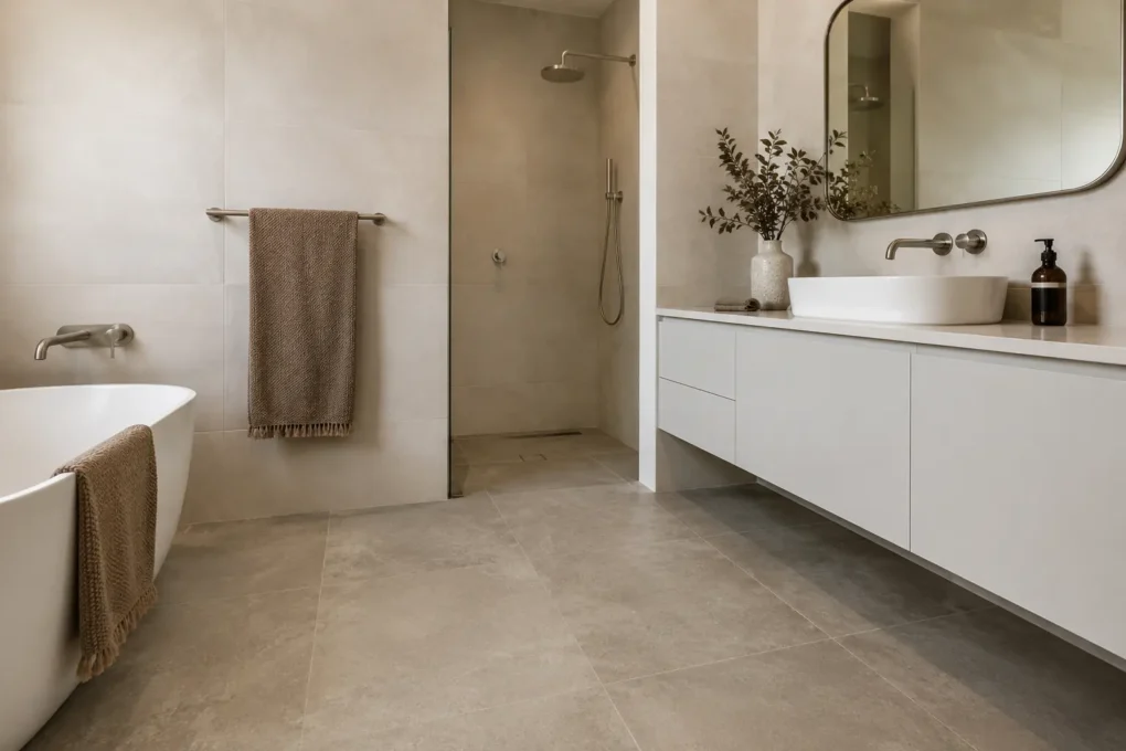 Coordinated warm ivory bathroom wall tiles and greige floor tiles
