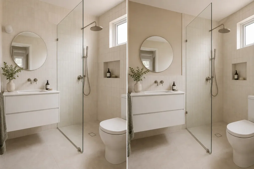 Full-height and partial-height bathroom wall tiling with shower walls tiled to the ceiling