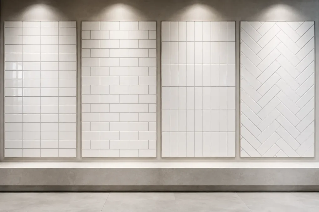 Bathroom wall tile layout patterns including stacked, running bond, vertical and herringbone