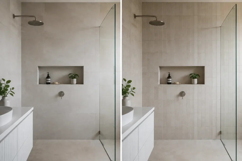 Large and small bathroom wall tiles compared around matching shower niches