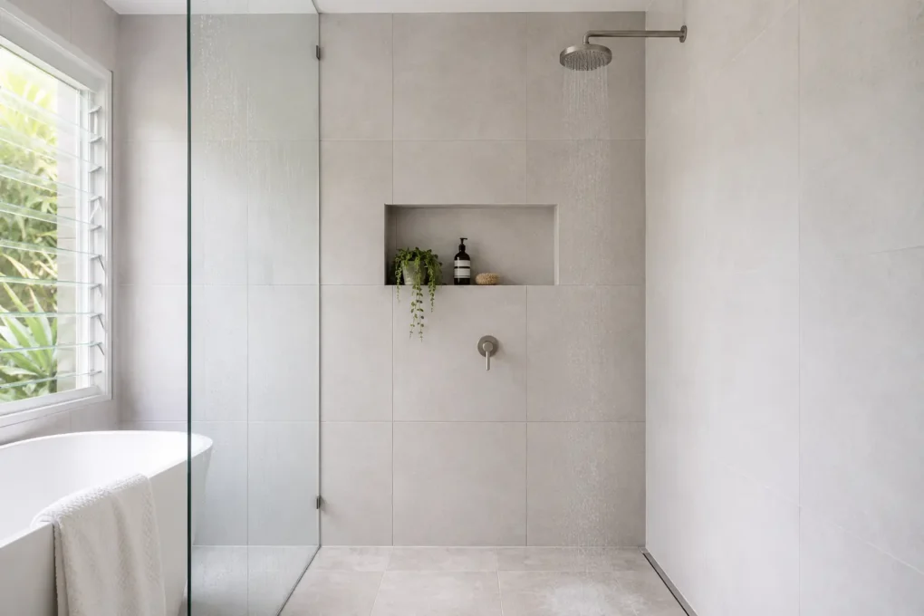Large shower wall tiles carefully set out around a niche, mixer and shower outlet