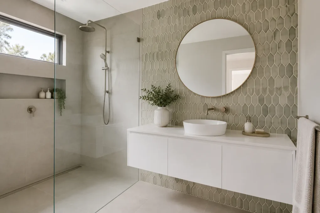 Muted sage bathroom feature wall tiles balanced with neutral shower and floor tiles