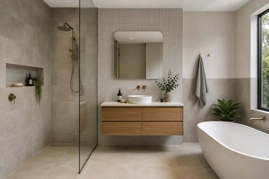 Bathroom wall tiles used across a shower, vanity splash zone and wall outside direct water exposure