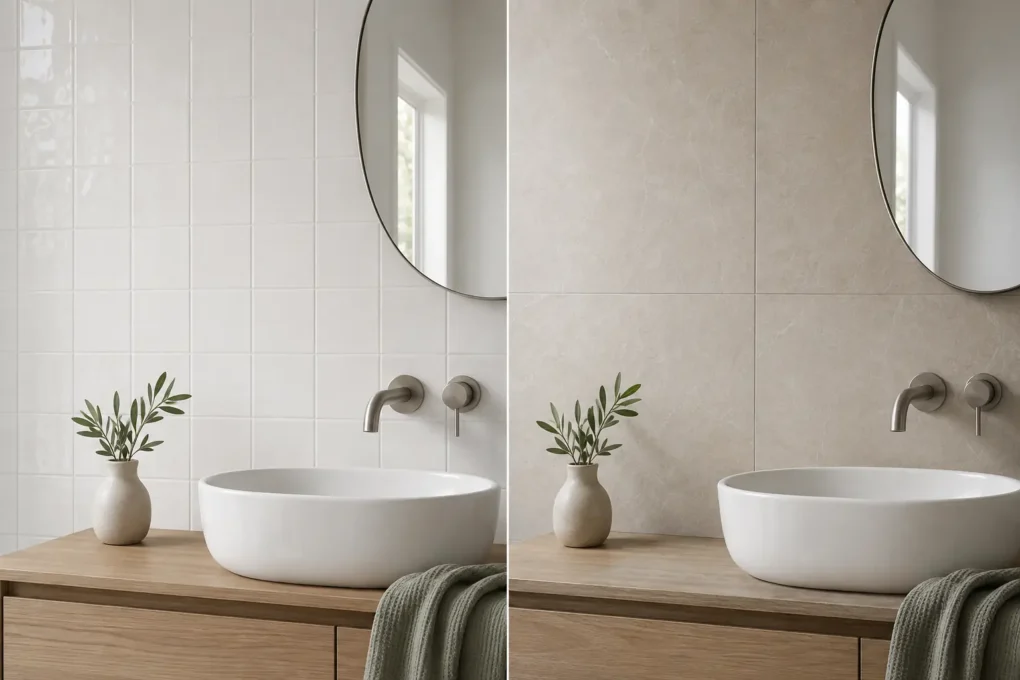 Smooth glazed ceramic wall tiles compared with large stone-look porcelain bathroom wall tiles