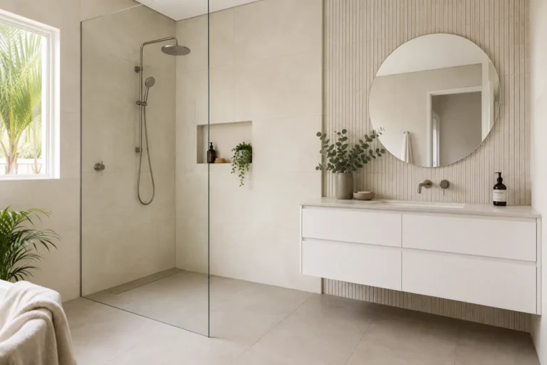 Modern bathroom with large-format wall tiles, textured vanity tiles and coordinated floor tiles
