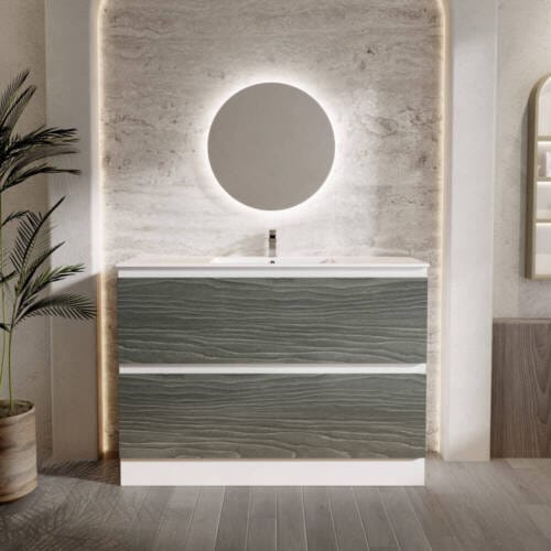 bathroom setting with two drawer marine vanity and dreamscape drawer fronts