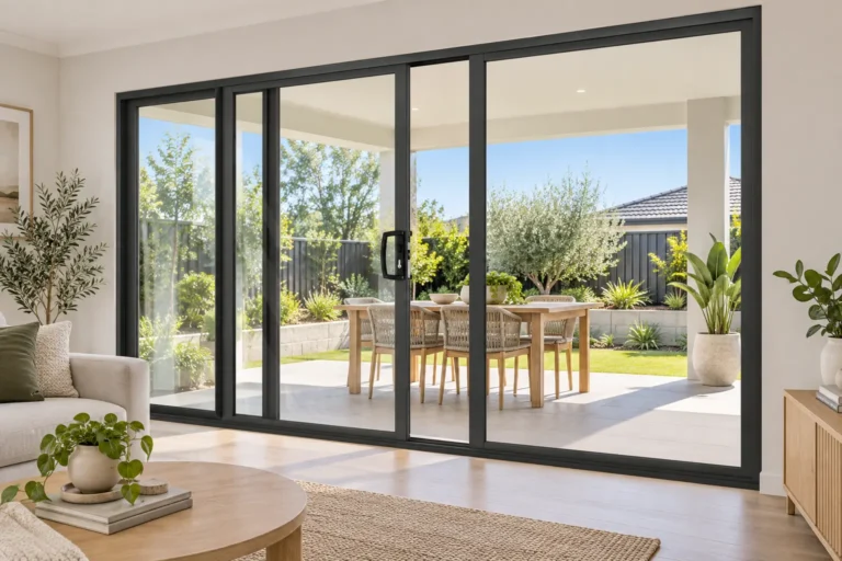 Aluminium sliding doors connecting a Perth living room with an alfresco area