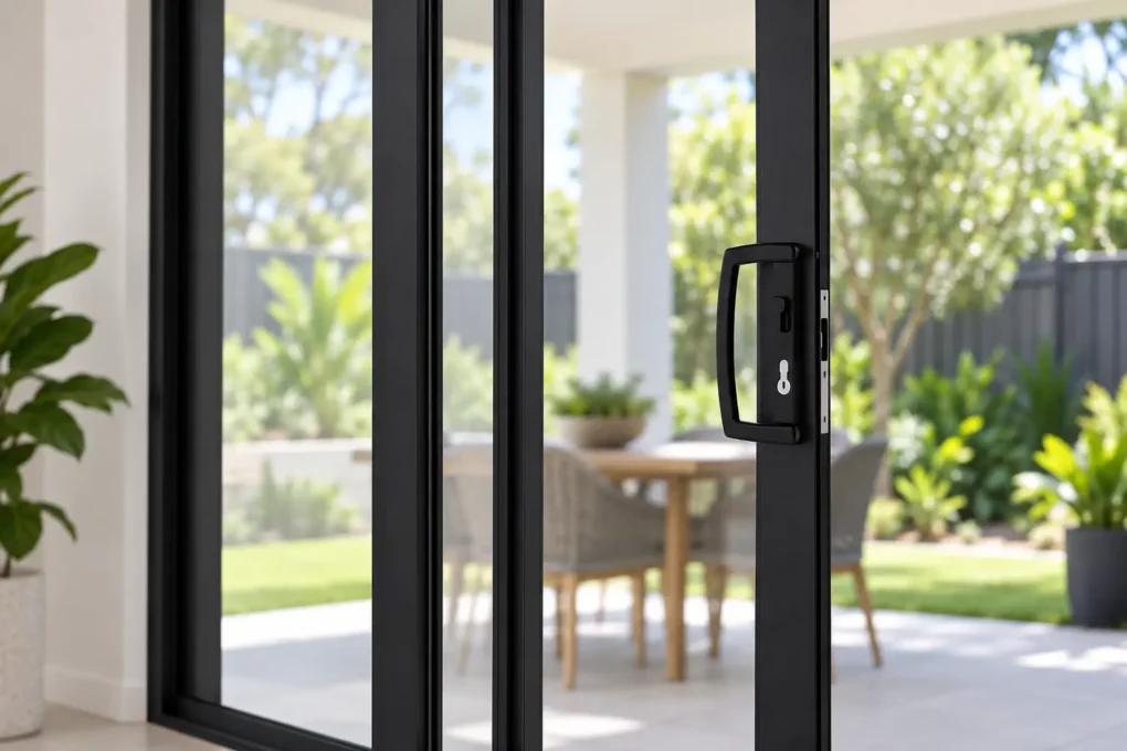 Jason sliding door handle and locking system fitted to an aluminium frame