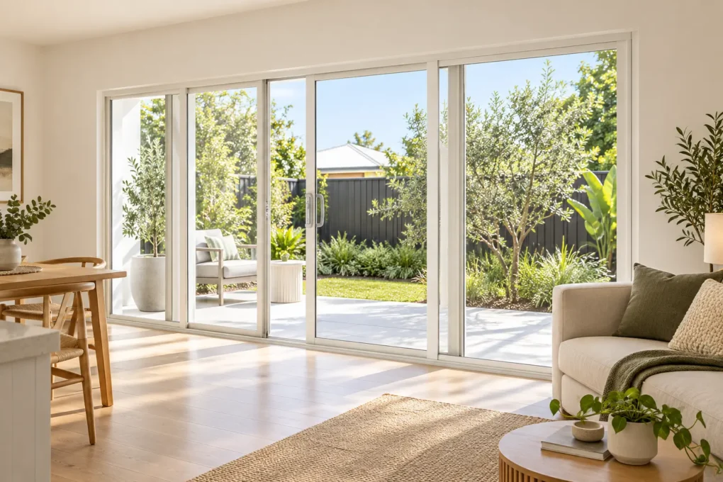 Sliding door providing outdoor access without taking up living-room floor space