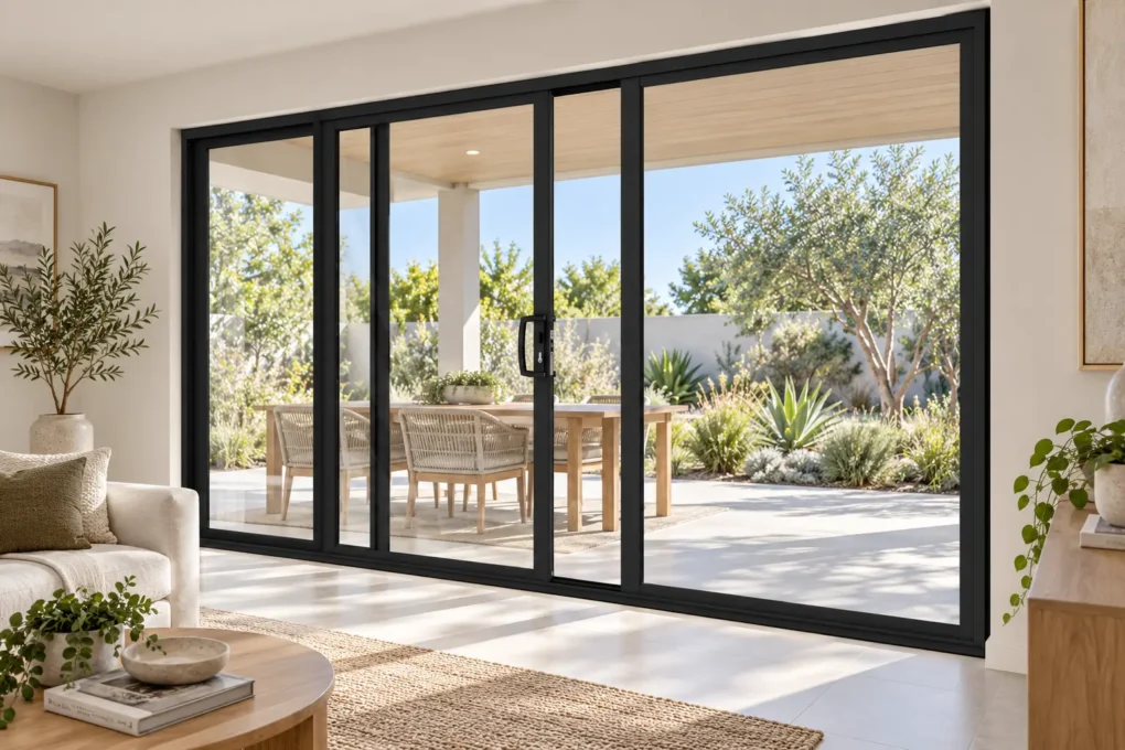 Sliding glass doors bringing natural light into a shaded Perth living area