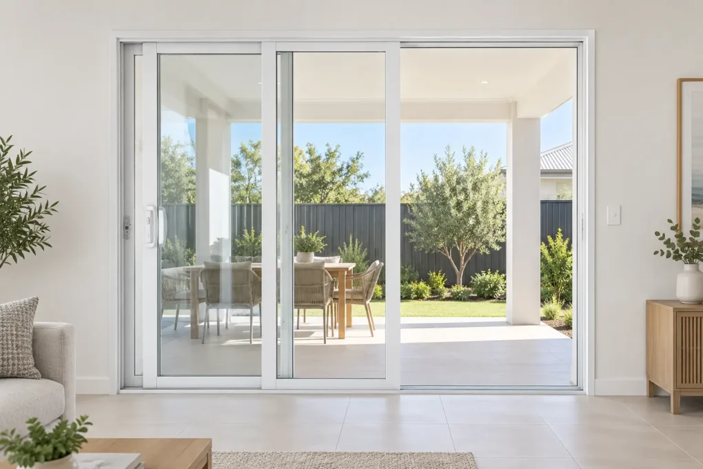 Standard sliding door showing the usable opening beside the fixed glass panel