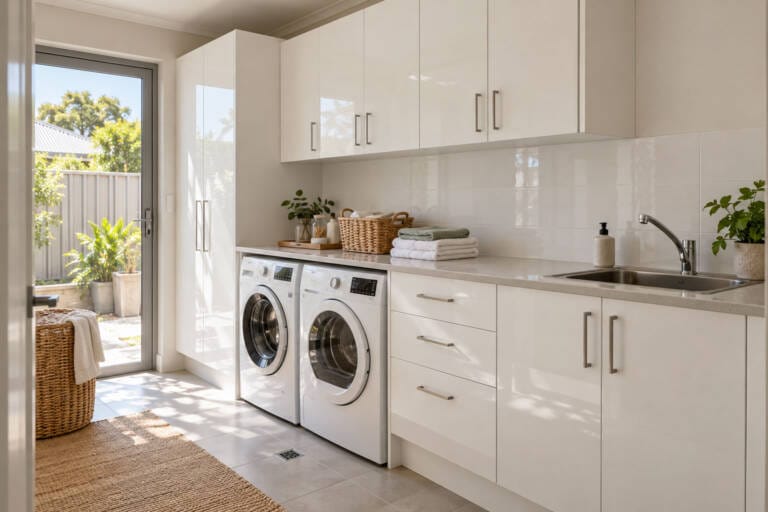 Completed laundry with base, drawer, overhead and tall laundry cabinets