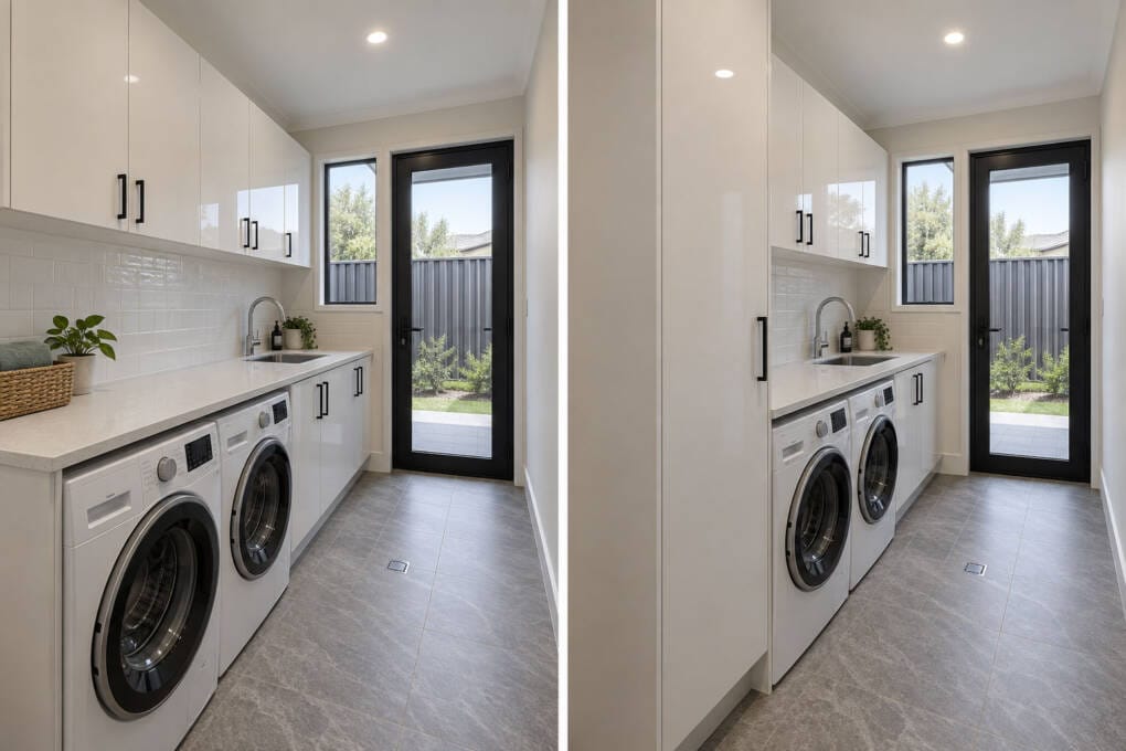 Built-in laundry cupboard ideas with concealed white cabinetry and stacked washer and dryer