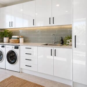 White flat-panel laundry cupboards with overhead storage, tall cabinet and benchtop in a practical Perth laundry
