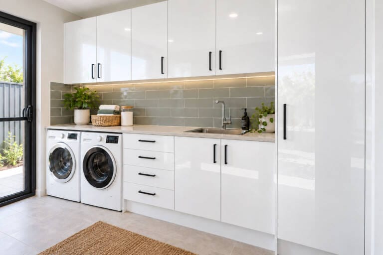 White flat-panel laundry cupboards with overhead storage, tall cabinet and benchtop in a practical Perth laundry