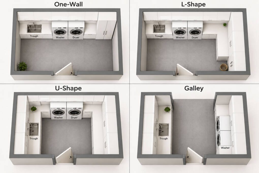 One-wall, L-shaped, U-shaped and galley laundry cupboard layout ideas compared