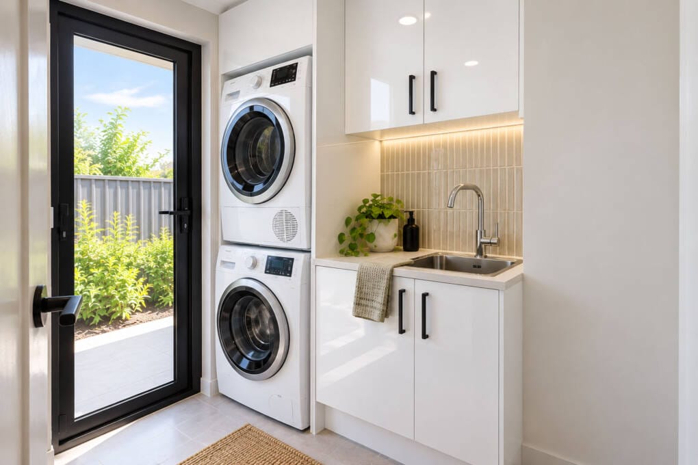Small laundry cupboard ideas with stacked appliances, overhead cabinets and a tall white cupboard