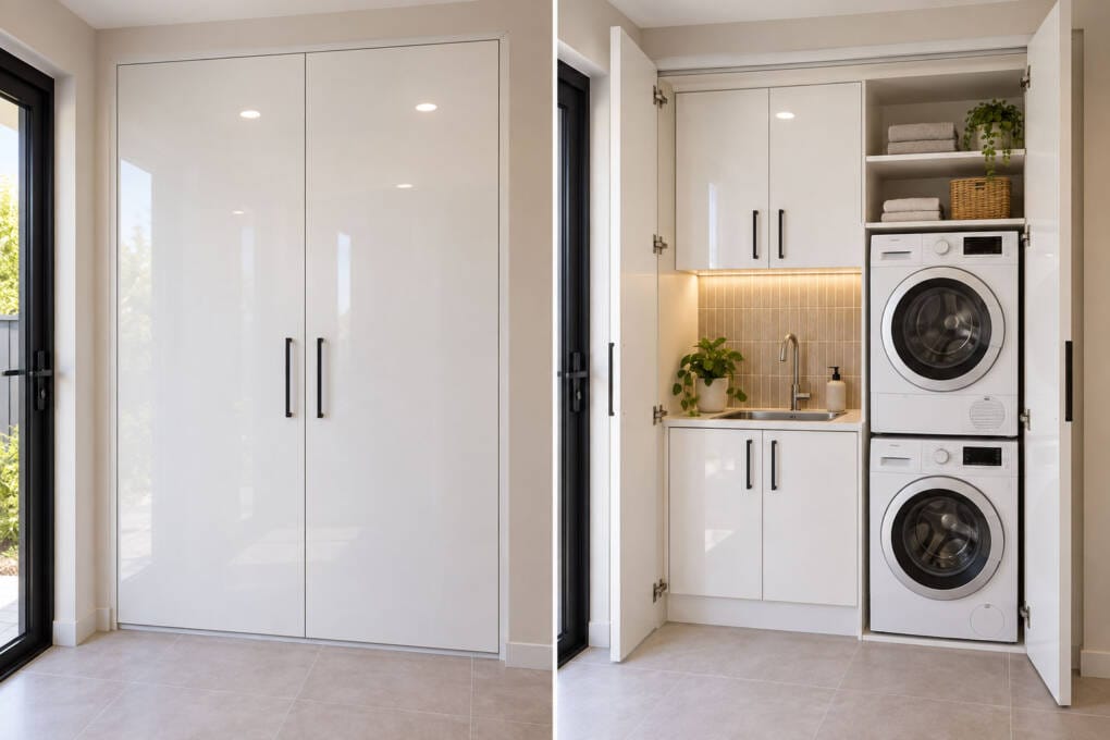 Built-in laundry cupboard ideas with concealed white cabinetry and stacked washer and dryer