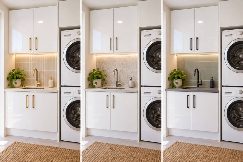 White laundry cabinet designs styled with different handles, splashbacks and benchtop finishes