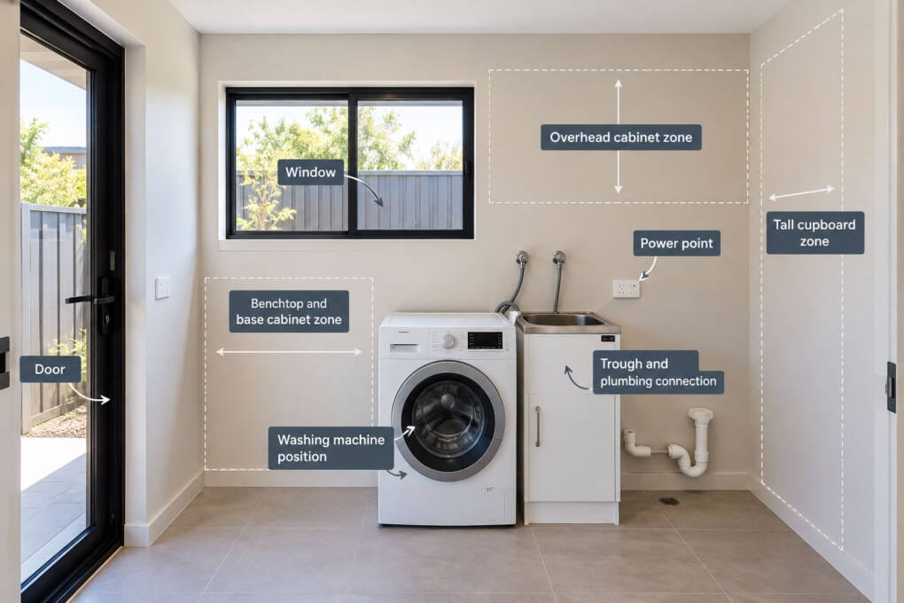 Laundry room showing fixed doors, window, trough and appliance positions before cabinet layout planning