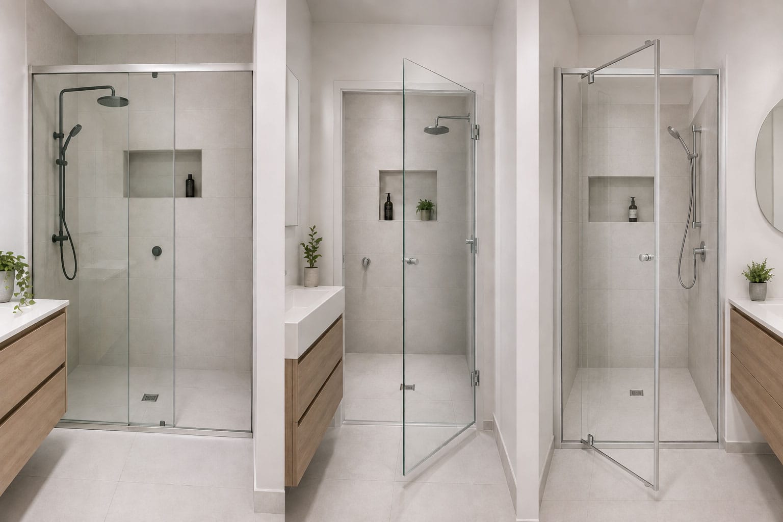 Sliding, side-hinged and pivot shower screens shown in three modern bathroom layouts