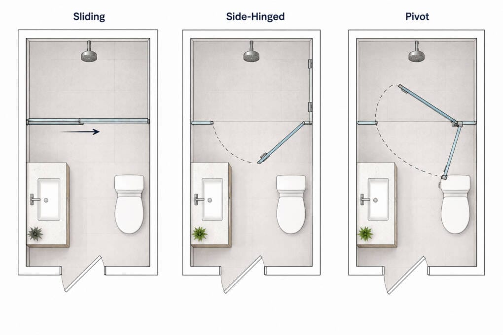 Diagram comparing sliding, side-hinged and pivot shower door movement