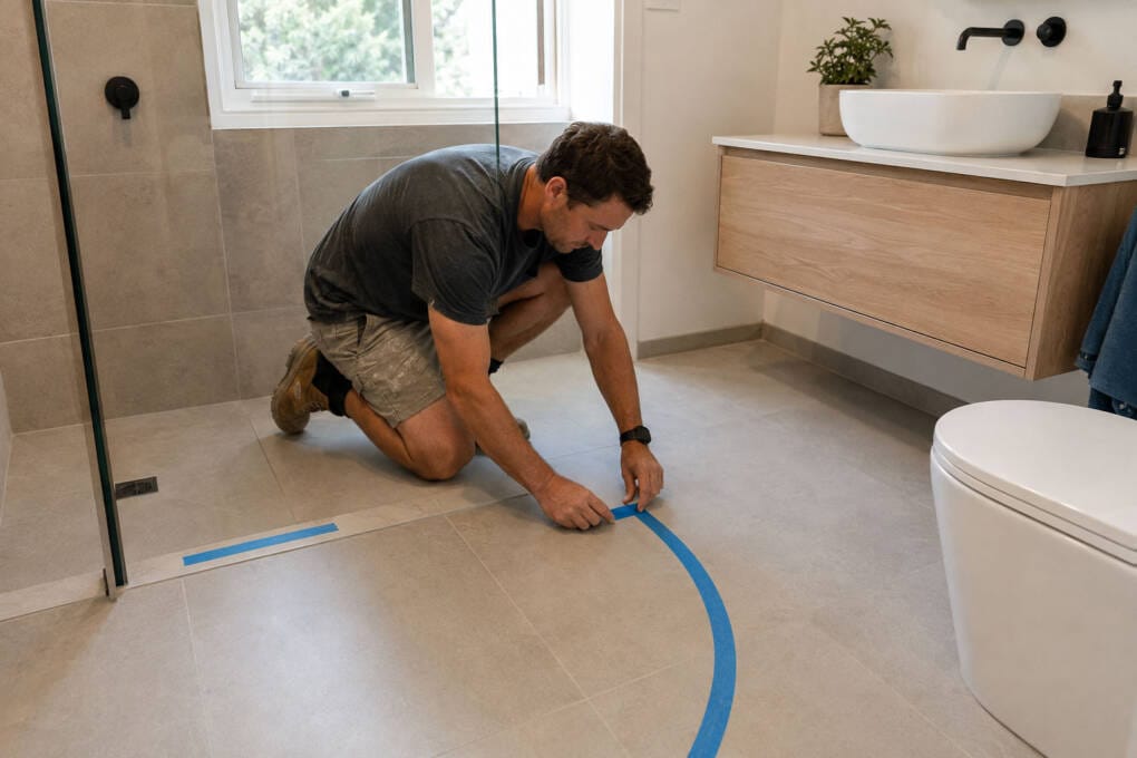 Homeowner marking shower door clearance beside a bathroom vanity and toilet