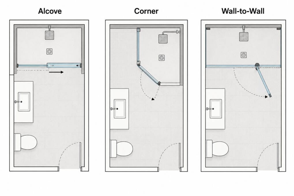 Shower screen layouts for alcove, corner and wall-to-wall bathrooms