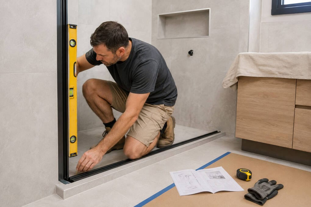 Installer checking shower screen track and wall alignment before fitting safety glass